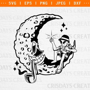 Puede incluir: Ilustración en blanco y negro de un extraterrestre fumando una pipa mientras está sentado en una luna creciente con una cara sonriente.