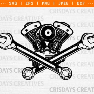 Crossed Wrench Engine SVG | Mechanic Engine Emblem Clipart | Garage Tools PNG Vector | Automotive Repair SVG for Cricut & Silhouette