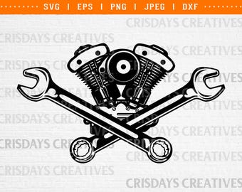 Crossed Wrench Engine SVG | Mechanic Engine Emblem Clipart | Garage Tools PNG Vector | Automotive Repair SVG for Cricut & Silhouette