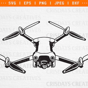 Può includere: Silhouette in bianco e nero di un drone con quattro eliche. Il drone ha una telecamera nella parte anteriore.
