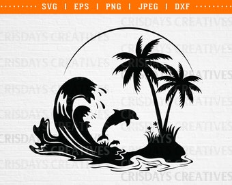 ビーチ svg、ビーチライフ svg、イルカビーチ svg、イルカ svg、熱帯の島 svg、夏 svg、ヤシの木 svg、島 svg、ビーチシャツ svg、dxf