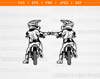 Peut inclure: Deux illustrations en noir et blanc de personnes conduisant des motos tout-terrain. Les pilotes portent des casques et des lunettes. Les motos sont orientées dans la même direction, mais les pilotes regardent dans des directions opposées.