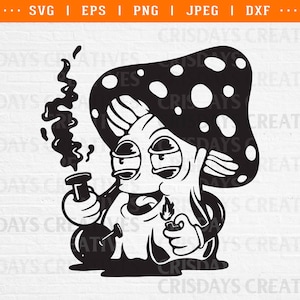 May include: Black and white illustration of a cartoon mushroom with a human-like face holding a bong and smoking. The mushroom has a large, spotted cap and a long, flowing stem.