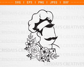Puede incluir: Ilustración en blanco y negro de un chef con un gorro de cocinero y un bigote. El chef sostiene un ramo de flores.