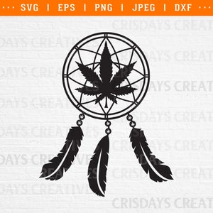 May include: Black and white silhouette of a dreamcatcher with a marijuana leaf in the center and three feathers hanging from the bottom.