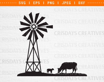 farm svg, farming svg, cattle svg, farm scene svg, cattle and windmill png, clipart, svg files for cricut, silhouette, art, vector, png