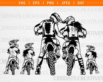 May include: Black and white silhouette of a family of four riding dirt bikes. The father and mother are at the front, and two children are behind them. All four are wearing helmets and riding gear.