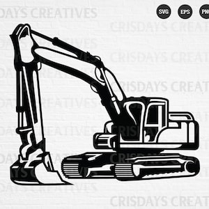 May include: Black and white silhouette of an excavator with a raised arm and bucket. The excavator is on tracks and has a cab with a window.