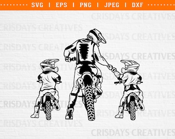 May include: Black and white silhouette of a father and two sons riding dirt bikes. The father is in the centre, holding his son's hand. The sons are on either side of the father, riding their own dirt bikes.