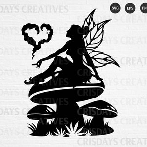 Könnte beinhalten: Schwarze Silhouette einer Fee mit Flügeln, die auf einem Pilz sitzt, mit einer herzförmigen Rauchwolke über ihrem Kopf.