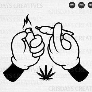 May include: Black and white illustration of two cartoon hands, one holding a lighter and the other holding a joint. A green marijuana leaf is in the centre of the image.