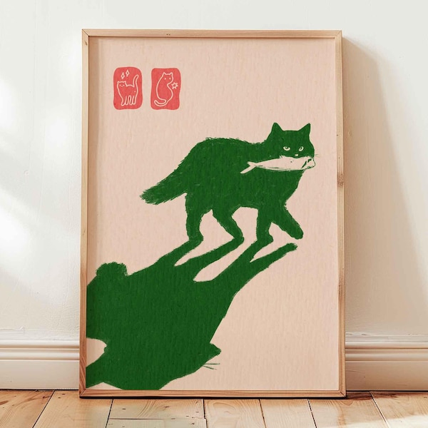Cat with a fish dark green poster, funny cat wall art, shipped wall print, funny kitten art, japanese aesthetic artwork, japandi art print