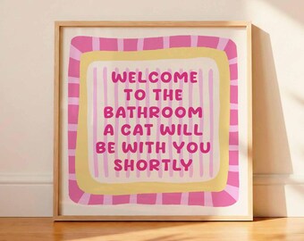 Funny Bathroom Cat Print, Pink Yellow Striped Wall Art (Unframed)