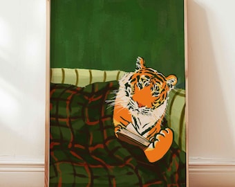Emerald green tiger art print, modern animal print, dark green home decor, aesthetic artwork, green and orange painting, shipped wall art
