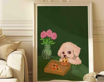 Dog eating pizza poster, whimsical animal print, funny art