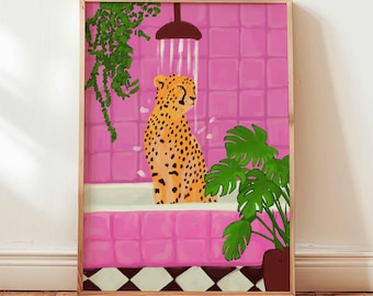 Cheetah Shower Art Print, Pink Bathroom, Modern Animal Painting (Unframed)