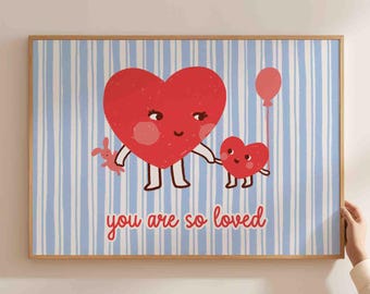 You are so loved poster, nursery wall art, cute kids play room decor, blue stripes print, retro style hearts, unframed, shipped wall art