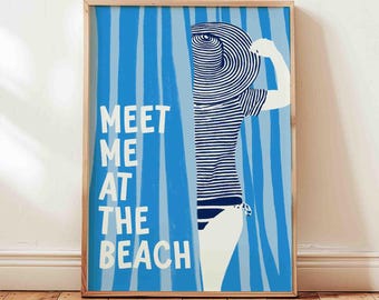 Woman in blue striped swimsuit poster, meet me at the beach, hand drawn whimsical pop art, abstract female print, unframed, shipped art