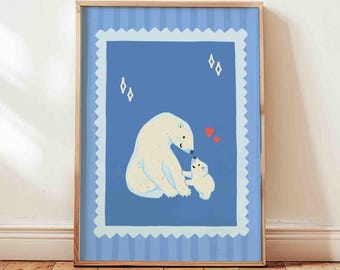 Polar bears print, cute animal nursery poster, bear cub colorful artwork, children play room decor, wild animal, unframed shipped wall art