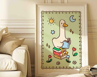 Silly goose reads poster, funny goose, cute children's room art, trendy art print, silly goose farm animal print, unframed, shipped wall art