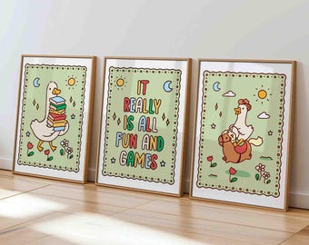It really is all fun and games poster set of 3 prints, silly goose reading, cute cowboy goose on a horse drawing, unframed, shipped wall art