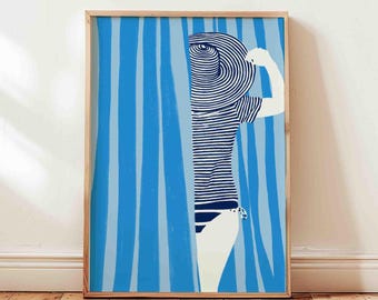 Woman in blue striped swimsuit poster, hand drawn whimsical pop art, abstract female print, swimwear wall decor, unframed, shipped art