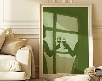 Abstract Women Figures Shadow Poster, Emerald Green Window Light Art Print (Unframed)