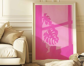 Plants shadow art poster, bright pink window light print, sunlit plant wall, unframed