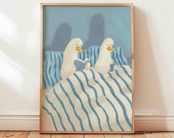 Goose reading a book poster, funny animal on the phone, blue stripes bedroom wall decor, silly geese in bed print, unframed shipped wall art