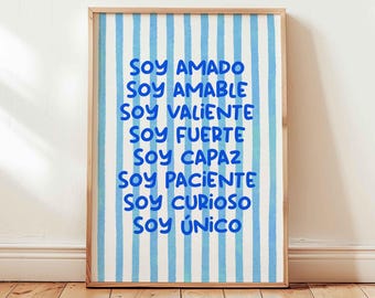 Affirmations in Spanish Print, Blue Striped Poster, Play Room Decor (Unframed)