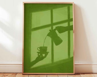 Coffee Moka Pot And Cup Shadow Poster, Green Window Light Wall Art Print (Unframed)
