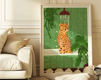 Cheetah Shower Art Print, Modern Animal Painting, Green Orange Bathroom Decor (Unframed)