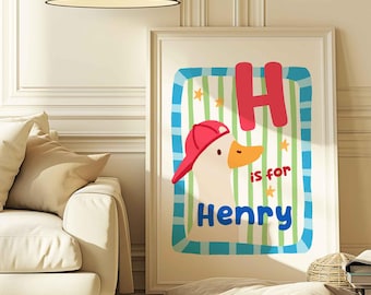 Custom Name Initial Goose Poster, Green Stripes Nursery Art (Unframed)