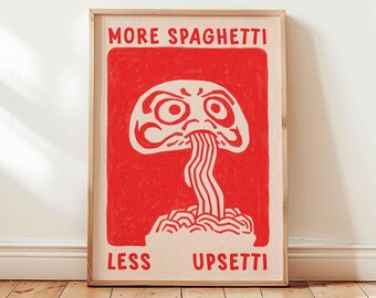 Daruma eating spaghetti poster, more spaghetti less upsetti, hand drawn minimalist art, pasta foodie art print, unframed, shipped wall art
