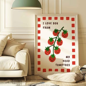 I love you from my head tomatoes print, nursery wall art, playroom decor, funny phrase, retro style red checkers, unframed, shipped wall art