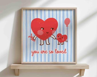 You are so loved poster, nursery wall art, kids play room decor, blue stripes print, retro style hearts, square, unframed, shipped wall art