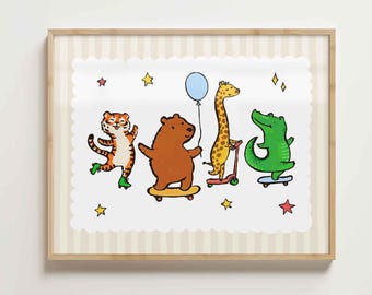 Animal friends skating poster, cute crocodile tiger giraffe bear print, funny kids play room decor, horizontal, unframed, shipped wall art