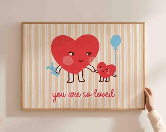 You are so loved poster, nursery wall art, cute kids play room decor, beige stripes print, retro style hearts, unframed, shipped wall art