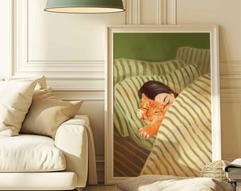 Cat sleeping art print, modern animal print, woman asleep, dark emerald green aesthetic artwork, hand drawn painting, shipped wall art