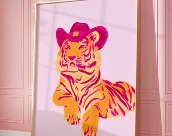 Tiger wall print, pink and orange tiger poster, tiger cowboy wall art print, shipped wall art, cat cowboy wall decor, dopamine wall art
