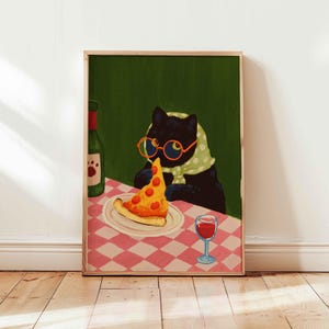 Black cat eating pizza print, whimsical cat mom gift, italian food and wine poster, image 6
