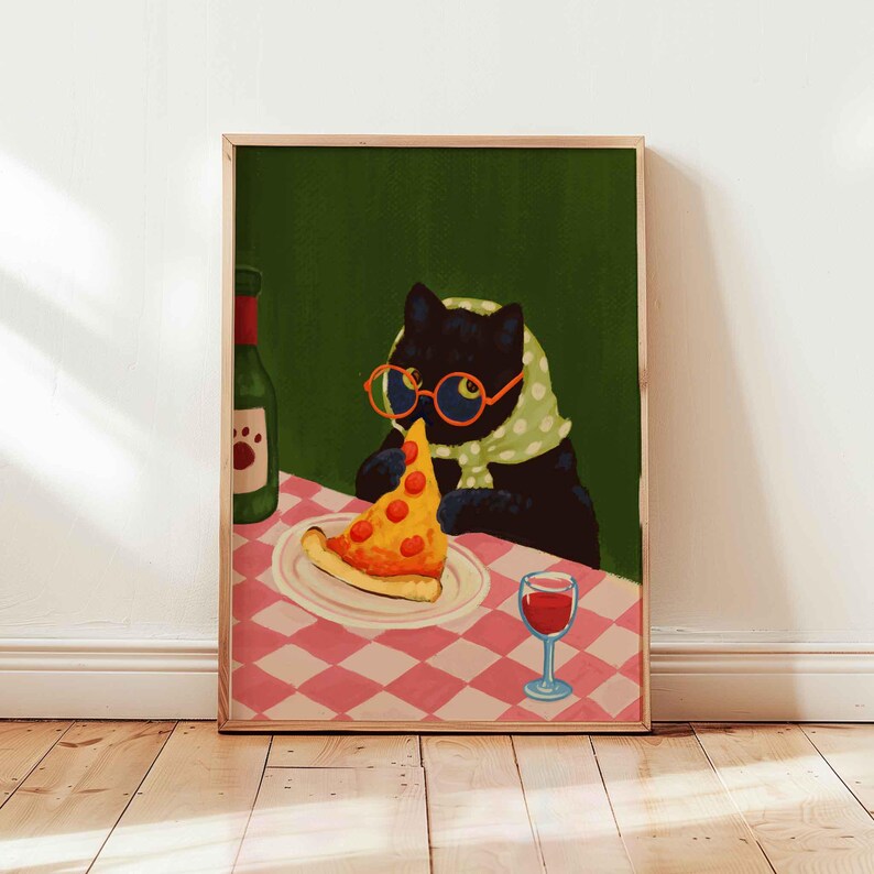 Black cat eating pizza print, whimsical cat mom gift, italian food and wine poster, image 6