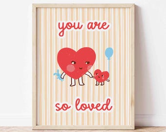 You are so loved poster, nursery wall art, cute kids play room decor, beige stripes print, retro style hearts, unframed, shipped wall art