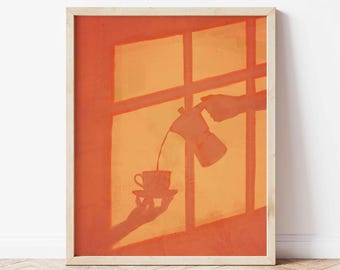 Coffee Moka Pot And Cup Shadow Poster, Orange Window Light Art Print (Unframed)