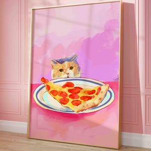 Cat with a pepperoni pizza print, pastel colors painting, cute kitten illustration, cat lover gift, dopamine decor, unframed shipped print