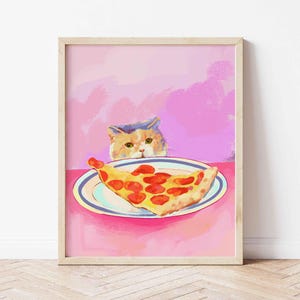 Cat with a pepperoni pizza print, pastel colors painting, cute kitten illustration, cat lover gift, dopamine decor, unframed shipped print