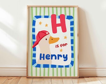 Custom Name Initial Goose Poster, Green Blue Stripes Nursery Art (Unframed)