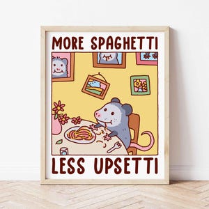 Possums eating spaghetti poster, more spaghetti less upsetti, retro diner poster, pasta foodie art print, italian kitchen trendy art print,