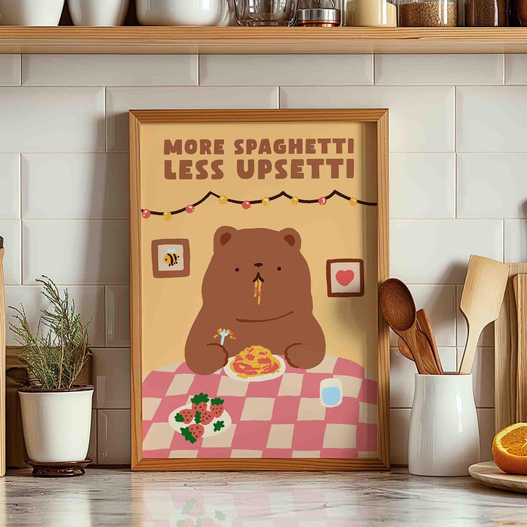 Bear Eating Spaghetti Poster, More Spaghetti Less Upsetti, Retro Diner ...