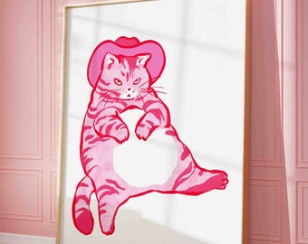 以下が含まれることがあります： 白い背景に、ピンクの帽子をかぶったピンクの猫。猫は足を組んで座り、尻尾を体の周りに巻いている。